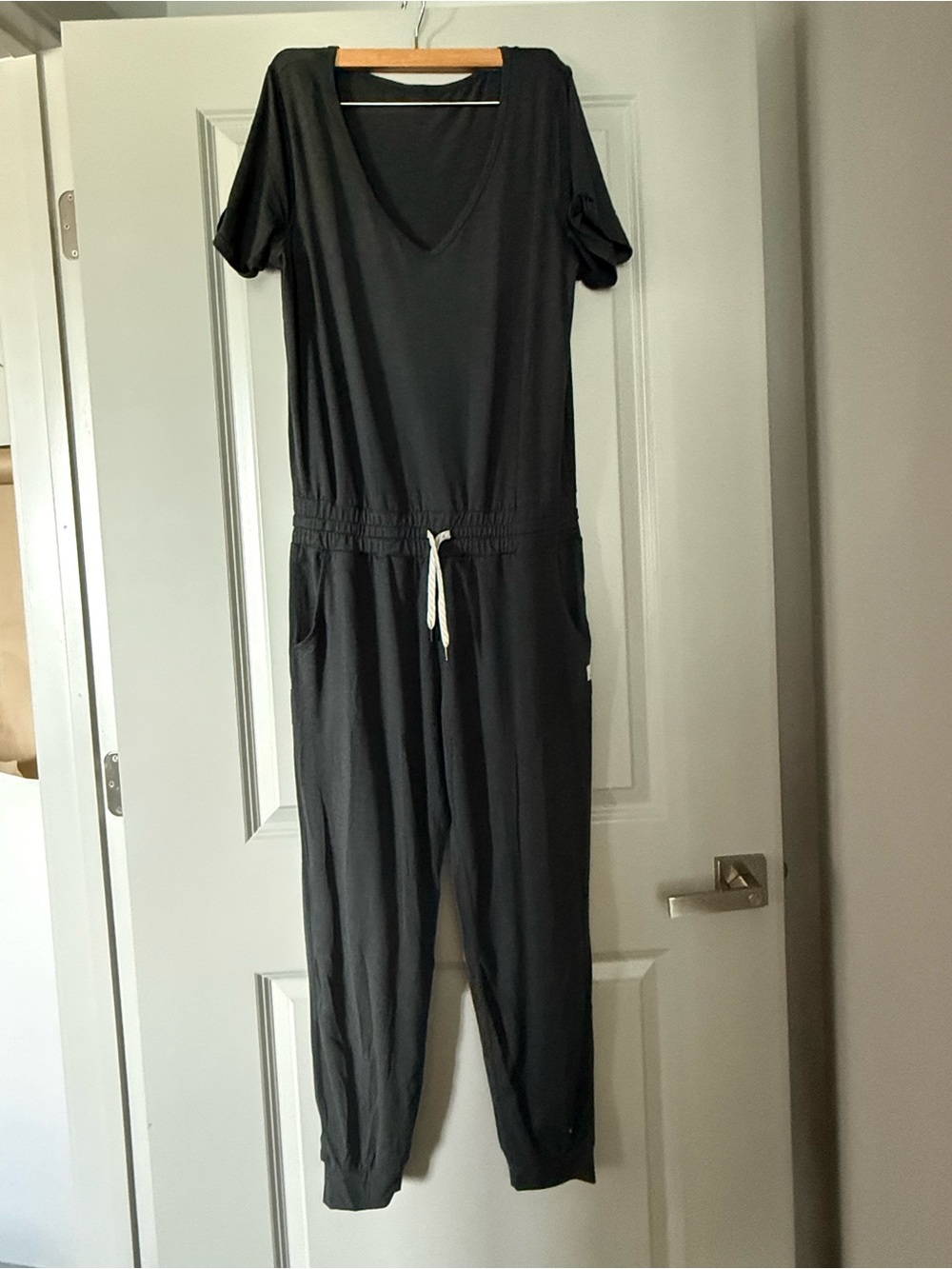 Vuori Black V-Neck Short Sleeve Jumpsuit with Drawstring
